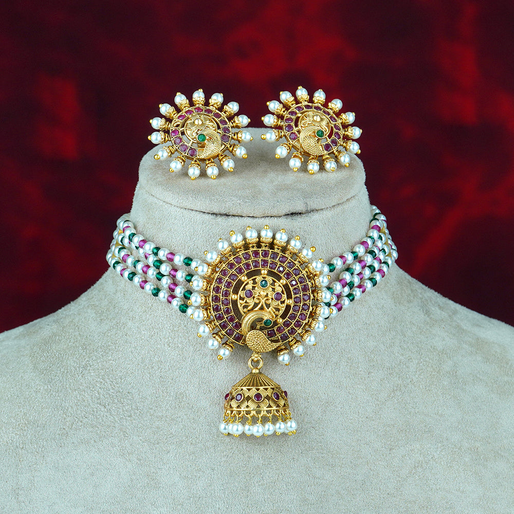 Diksha Collection Gold Plated Pota Stone Choker Necklace Set