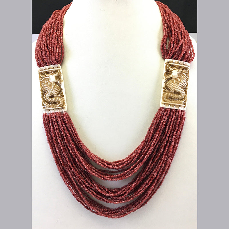 Multi Layered Red Seed Bead With Bone Pendant Necklace