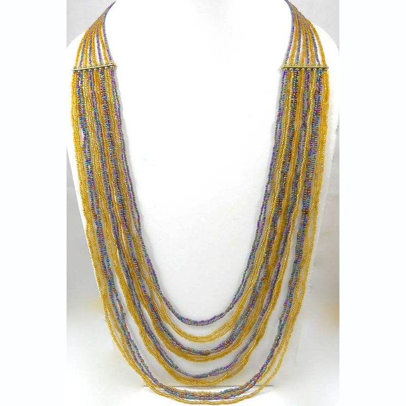 Multi Layered Gold/Blue Rainbow Seed Bead Necklace