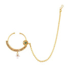 Etnico Gold Plated Traditional Ethnic Bridal Clip on Nose Ring/Nath without piercing with chain Encased With Faux Stones for Women/Girls (NL09G)