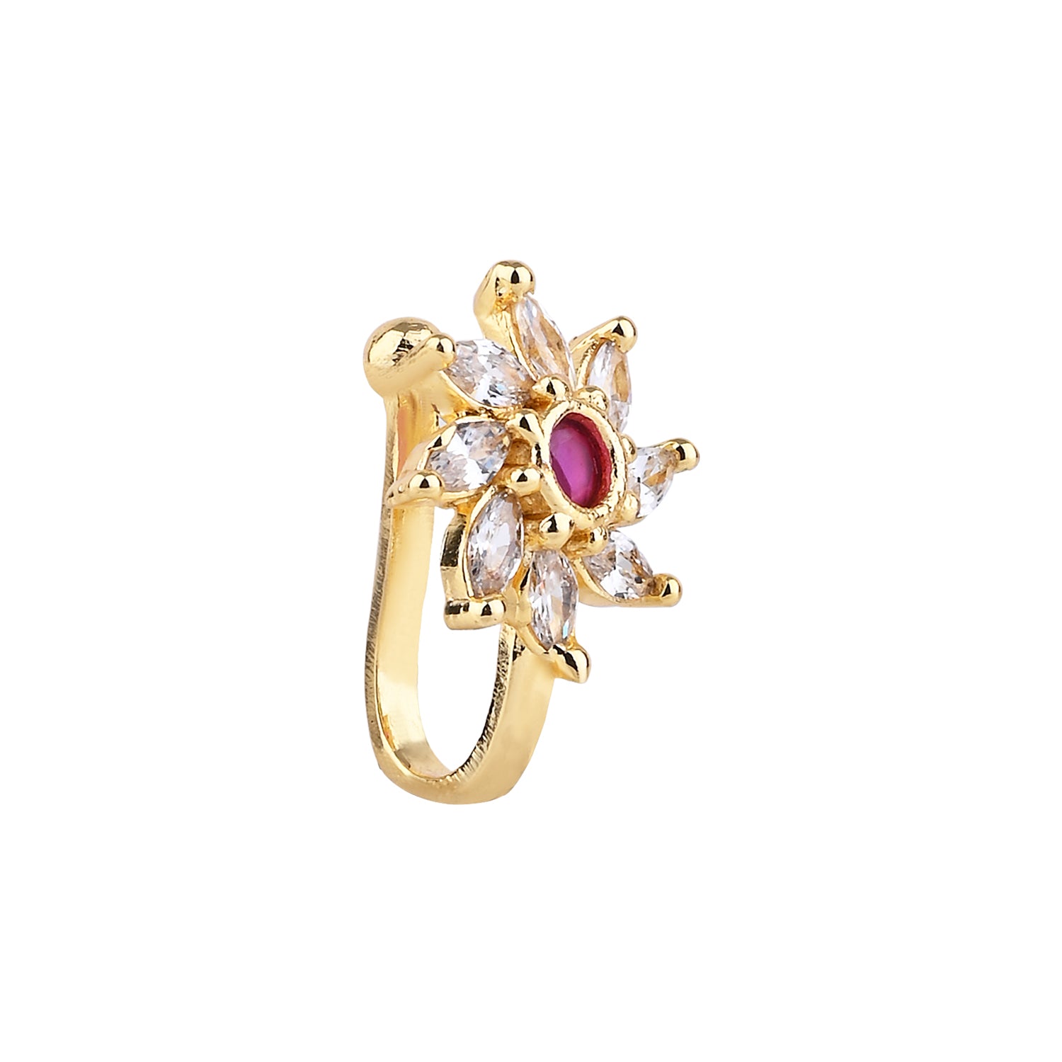 Etnico Gold Plated Floral Shaped Cubic Zirconia American Diamond Clip On Non Piercing Pressing Type Nose Pin, Stud For Women