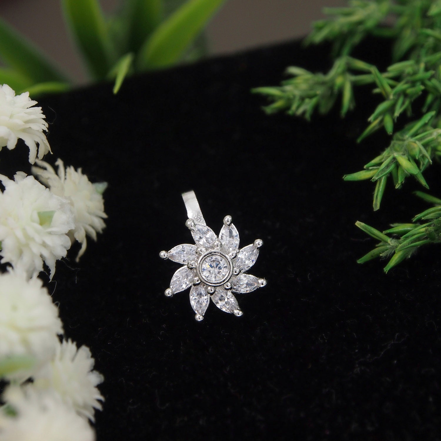 Etnico Gold Plated Floral Shaped Cubic Zirconia American Diamond Clip On Non Piercing Pressing Type Stone Nose Pin, Stud For Women (Silver)
