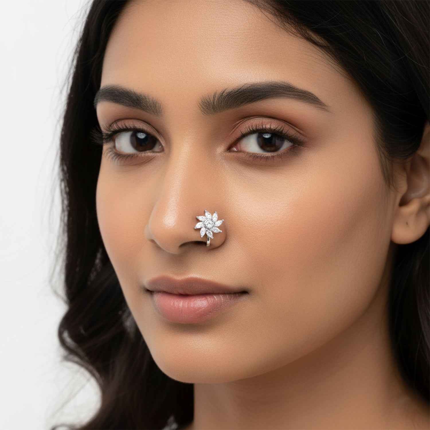 Etnico Gold Plated Floral Shaped Cubic Zirconia American Diamond Clip On Non Piercing Pressing Type Stone Nose Pin, Stud For Women (Silver)