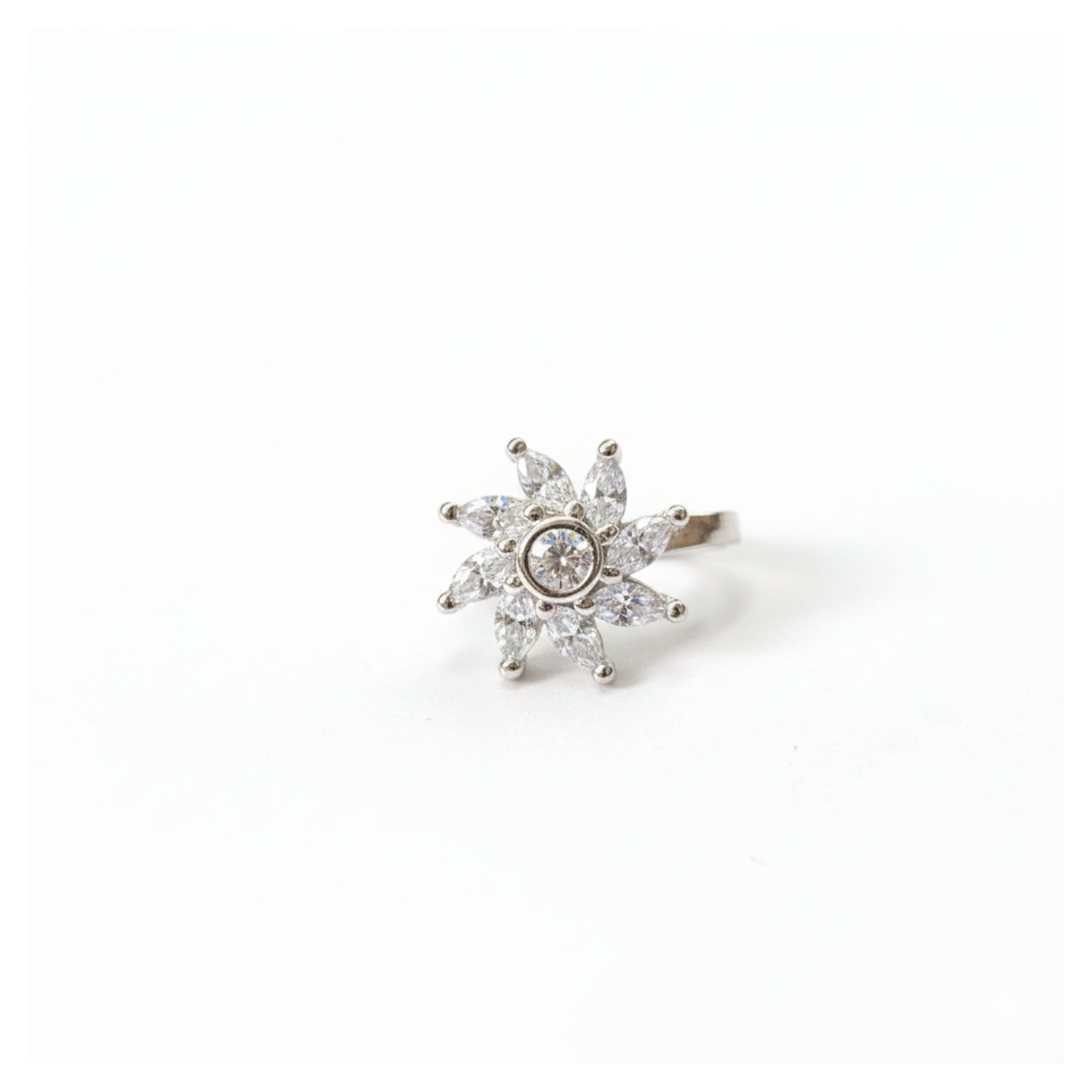 Etnico Gold Plated Floral Shaped Cubic Zirconia American Diamond Clip On Non Piercing Pressing Type Stone Nose Pin, Stud For Women (Silver)