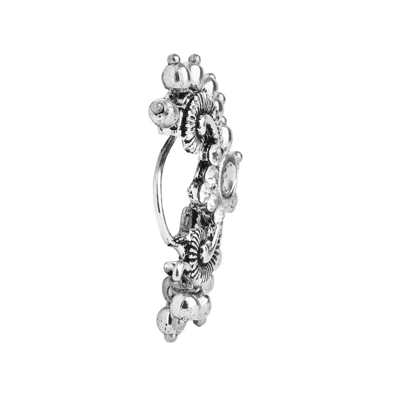 Etnico Silver Plated Traditional Maharashtrian Style Non Piercing Nath, Nose Pin For Women (NL106OX)