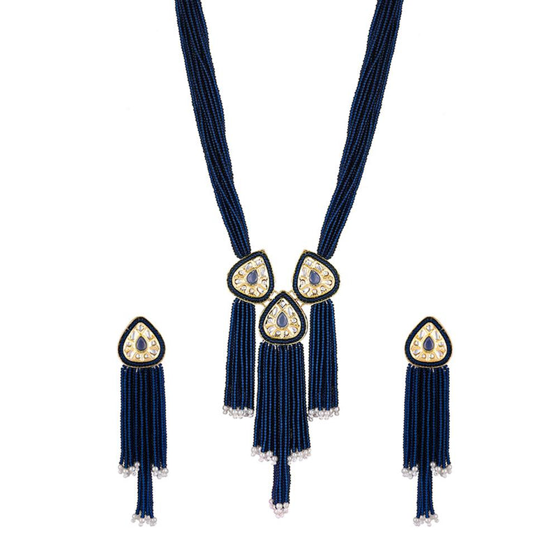 Mahi Gold Plated Blue Artificial Beads Beaded Necklace and Tassel Dangler Earrings Set for Women (NL1103811GBlu)