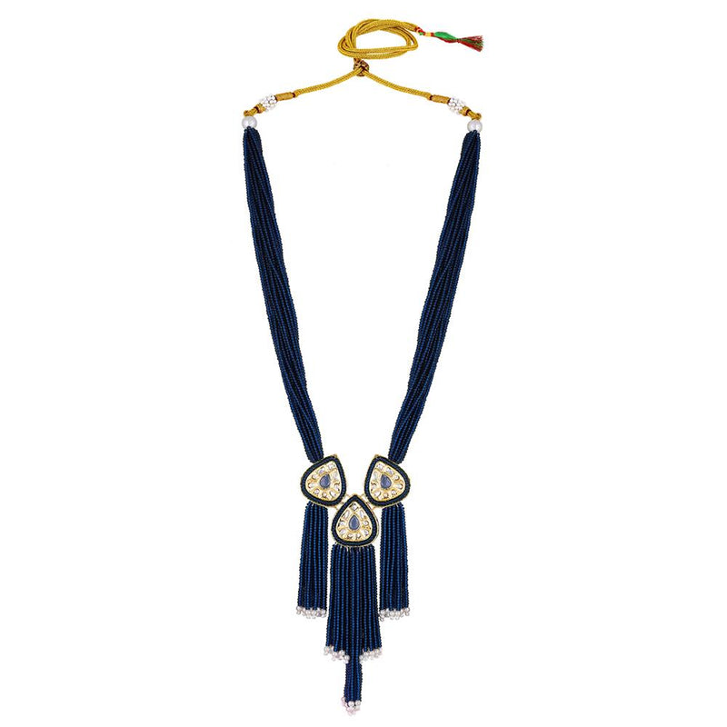 Mahi Gold Plated Blue Artificial Beads Beaded Necklace and Tassel Dangler Earrings Set for Women (NL1103811GBlu)