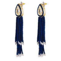 Mahi Gold Plated Blue Artificial Beads Beaded Necklace and Tassel Dangler Earrings Set for Women (NL1103811GBlu)