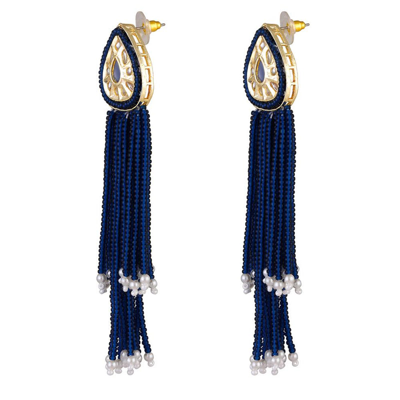 Mahi Gold Plated Blue Artificial Beads Beaded Necklace and Tassel Dangler Earrings Set for Women (NL1103811GBlu)