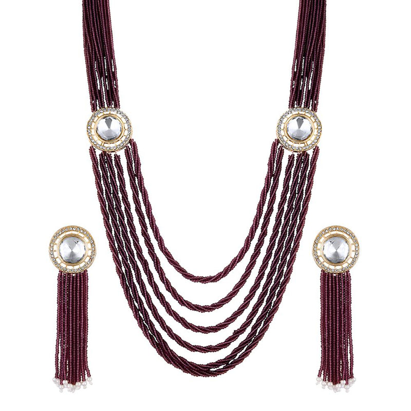 Mahi Gold Plated Maroon and White Crystal Beaded Maharani Layered Necklace Set for Women (NL1103812GMar)