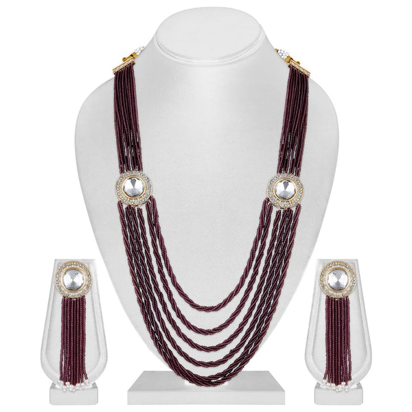 Mahi Gold Plated Maroon and White Crystal Beaded Maharani Layered Necklace Set for Women (NL1103812GMar)