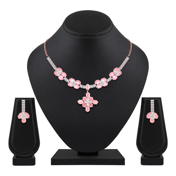 Mahi Rose Gold Plated Pink and White Cubic Zirconia (CZ) Floral Women's Necklace Set (NL1103814ZPin)