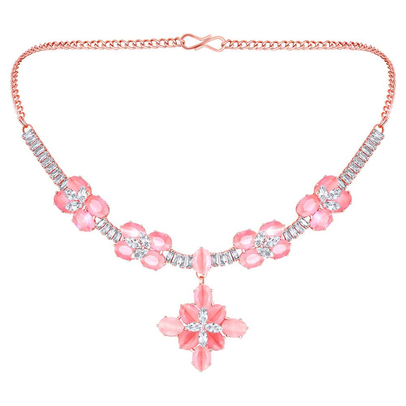 Mahi Rose Gold Plated Pink and White Cubic Zirconia (CZ) Floral Women's Necklace Set (NL1103814ZPin)