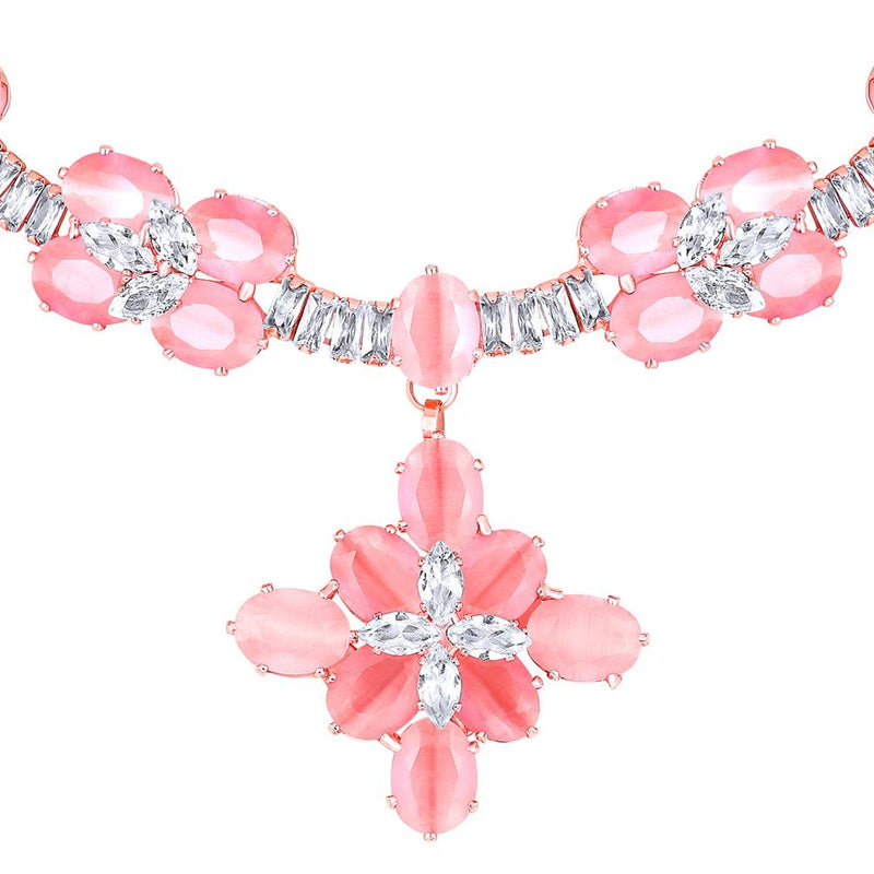 Mahi Rose Gold Plated Pink and White Cubic Zirconia (CZ) Floral Women's Necklace Set (NL1103814ZPin)