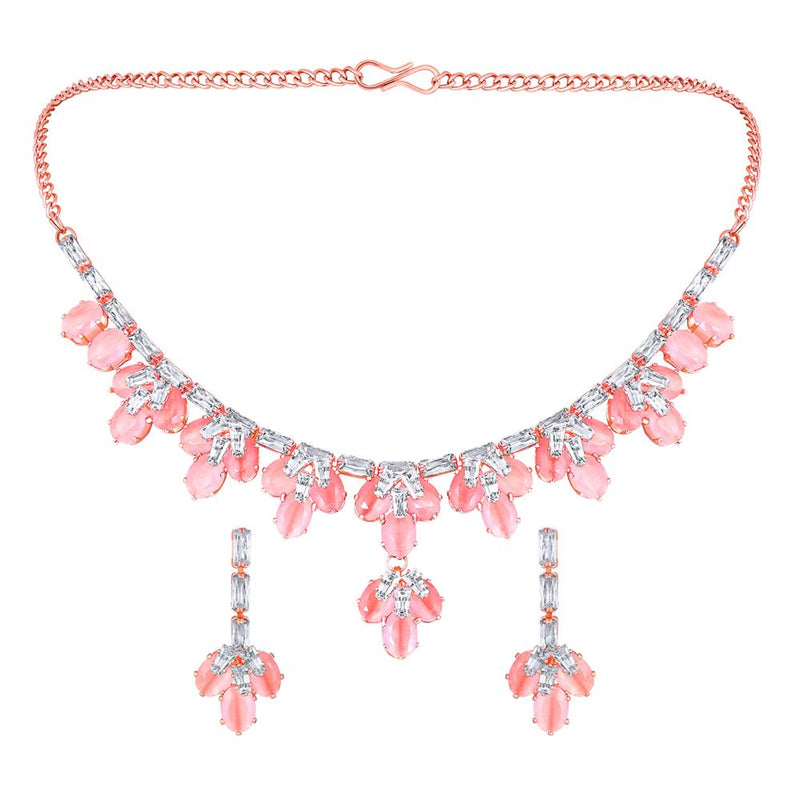 Mahi Rose Gold Plated Pink and White Cubic Zirconia (CZ) Floral Women's Necklace Set (NL1103815ZPin)