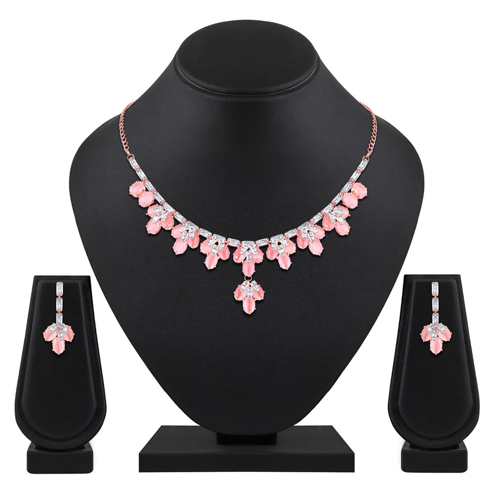 Mahi Rose Gold Plated Pink and White Cubic Zirconia (CZ) Floral Women's Necklace Set (NL1103815ZPin)