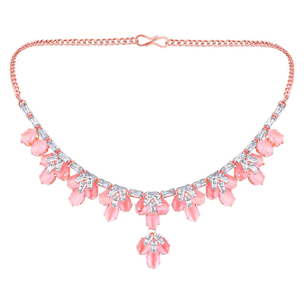 Mahi Rose Gold Plated Pink and White Cubic Zirconia (CZ) Floral Women's Necklace Set (NL1103815ZPin)