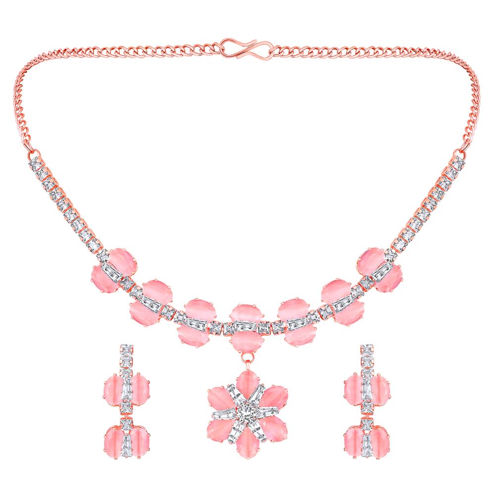 Mahi Rose Gold Plated Pink and White Cubic Zirconia (CZ) Floral Women's Necklace Set (NL1103816ZPin)