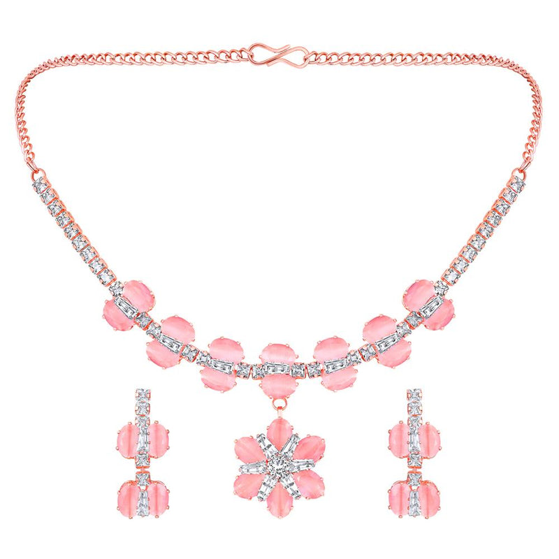 Mahi Rose Gold Plated Pink and White Cubic Zirconia (CZ) Floral Women's Necklace Set (NL1103816ZPin)