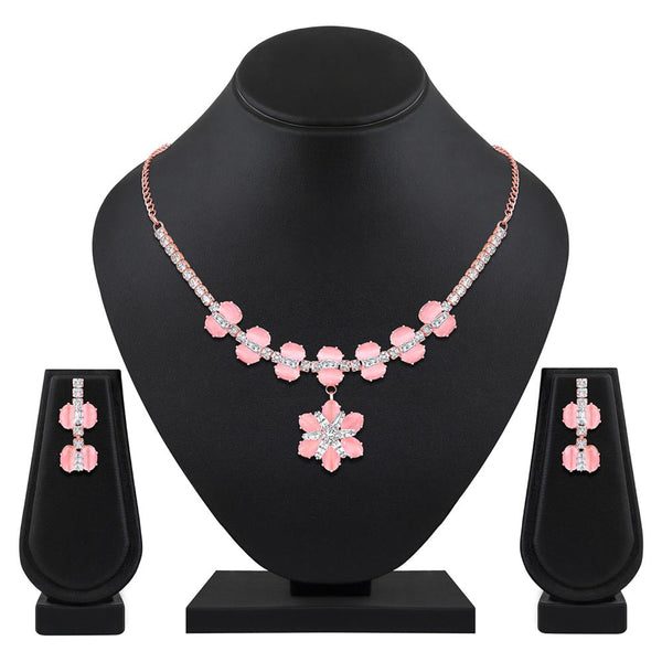 Mahi Rose Gold Plated Pink and White Cubic Zirconia (CZ) Floral Women's Necklace Set (NL1103816ZPin)