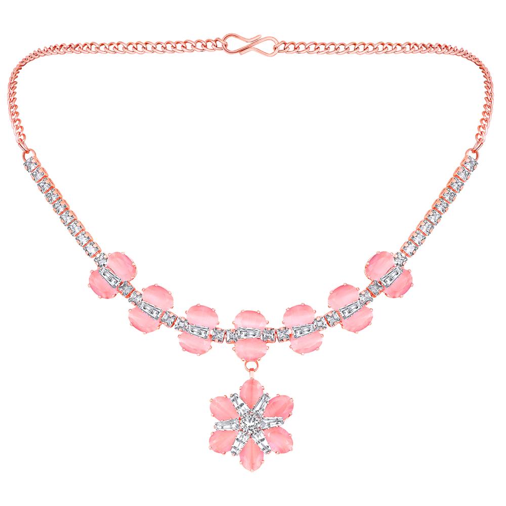 Mahi Rose Gold Plated Pink and White Cubic Zirconia (CZ) Floral Women's Necklace Set (NL1103816ZPin)