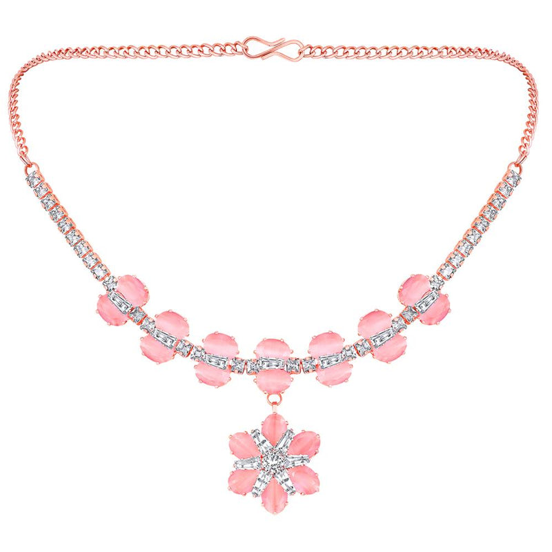 Mahi Rose Gold Plated Pink and White Cubic Zirconia (CZ) Floral Women's Necklace Set (NL1103816ZPin)