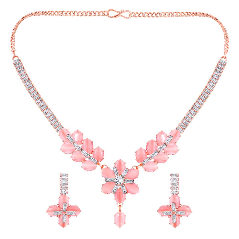 Mahi Rose Gold Plated Pink and White Cubic Zirconia (CZ) Floral Women's Necklace Set (NL1103817ZPin)