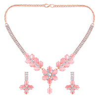 Mahi Rose Gold Plated Pink and White Cubic Zirconia (CZ) Floral Women's Necklace Set (NL1103817ZPin)