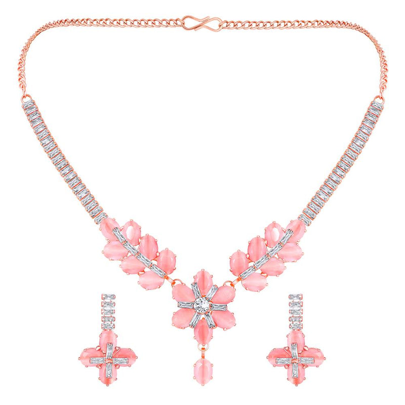 Mahi Rose Gold Plated Pink and White Cubic Zirconia (CZ) Floral Women's Necklace Set (NL1103817ZPin)