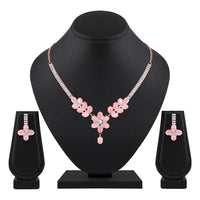 Mahi Rose Gold Plated Pink and White Cubic Zirconia (CZ) Floral Women's Necklace Set (NL1103817ZPin)