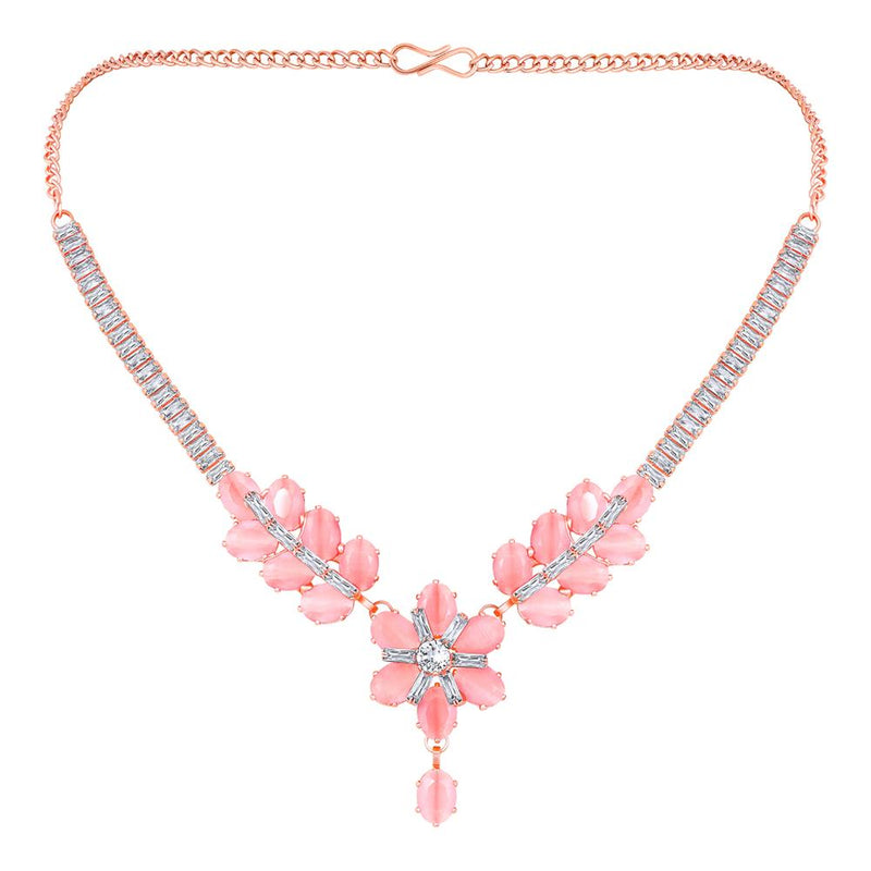 Mahi Rose Gold Plated Pink and White Cubic Zirconia (CZ) Floral Women's Necklace Set (NL1103817ZPin)