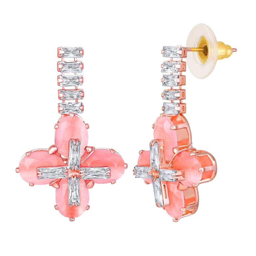 Mahi Rose Gold Plated Pink and White Cubic Zirconia (CZ) Floral Women's Necklace Set (NL1103817ZPin)
