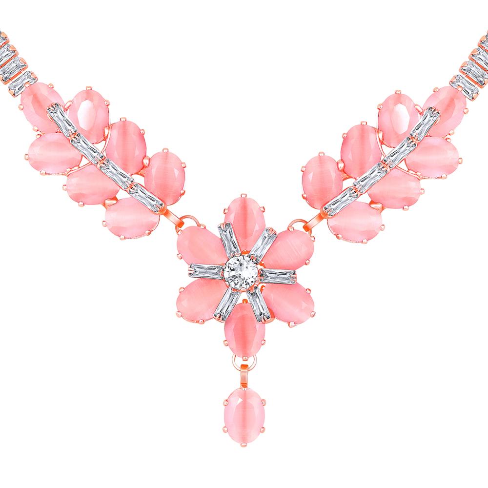 Mahi Rose Gold Plated Pink and White Cubic Zirconia (CZ) Floral Women's Necklace Set (NL1103817ZPin)