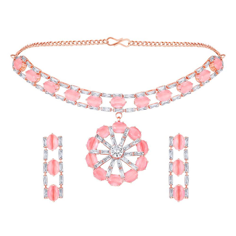 Mahi Rose Gold Plated Pink and White Cubic Zirconia (CZ) Floral Women's Necklace Set (NL1103818ZPin)