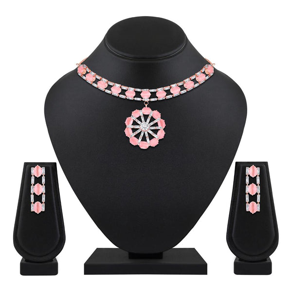 Mahi Rose Gold Plated Pink and White Cubic Zirconia (CZ) Floral Women's Necklace Set (NL1103818ZPin)