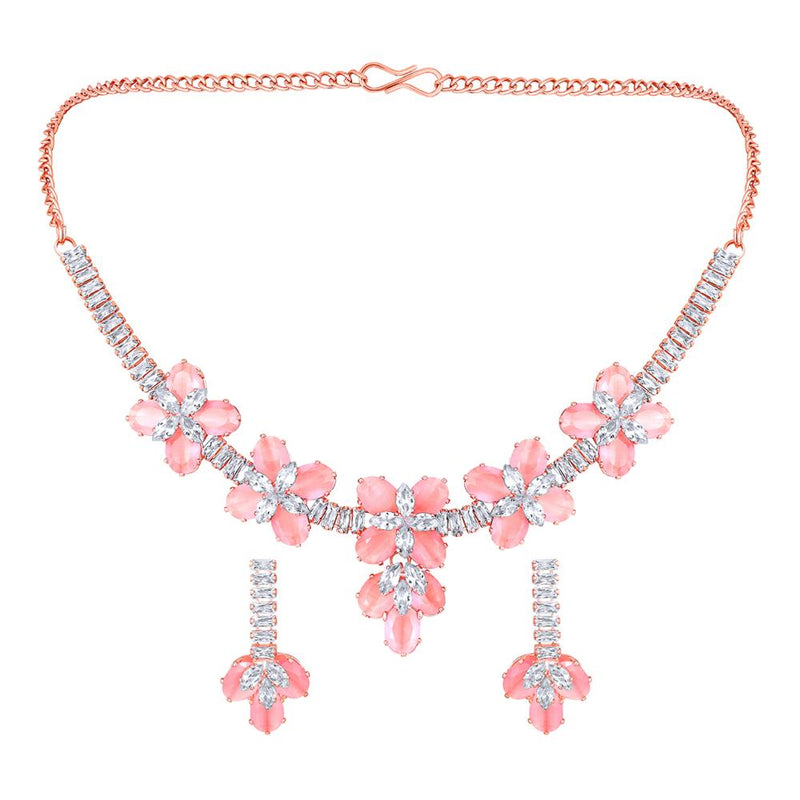 Mahi Rose Gold Plated Pink and White Cubic Zirconia (CZ) Floral Women's Necklace Set (NL1103819ZPin)