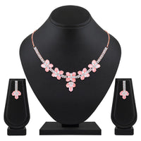 Mahi Rose Gold Plated Pink and White Cubic Zirconia (CZ) Floral Women's Necklace Set (NL1103819ZPin)
