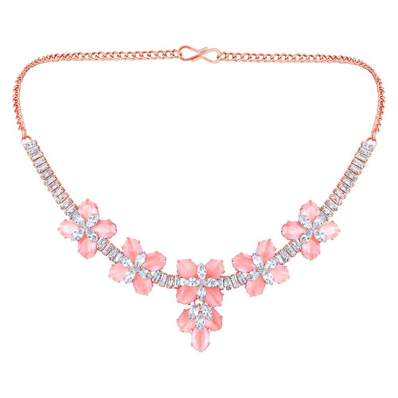 Mahi Rose Gold Plated Pink and White Cubic Zirconia (CZ) Floral Women's Necklace Set (NL1103819ZPin)