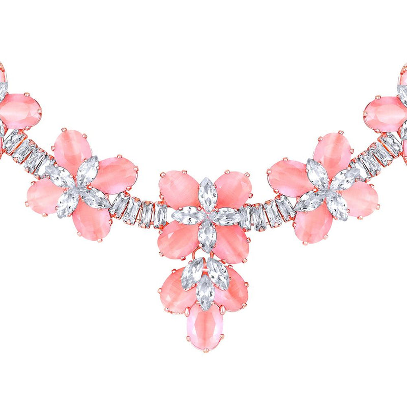 Mahi Rose Gold Plated Pink and White Cubic Zirconia (CZ) Floral Women's Necklace Set (NL1103819ZPin)