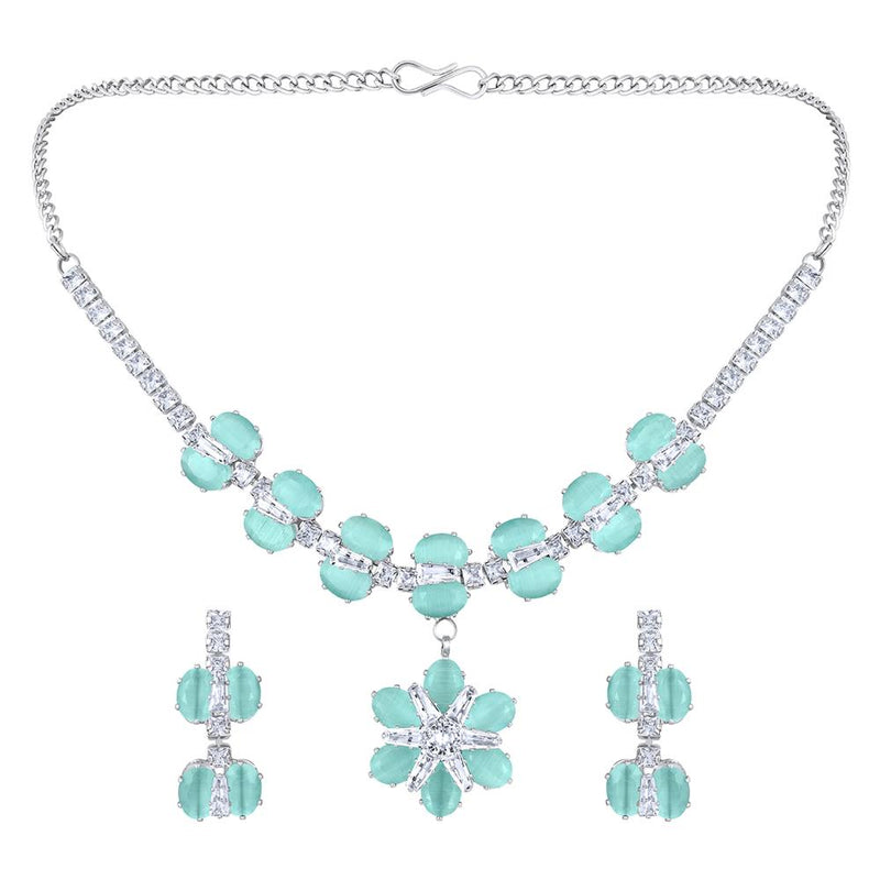 Mahi Rhodium Plated Light Green Cubic Zirconia (CZ) Floral Women's Necklace Set (NL1103820RLGre)