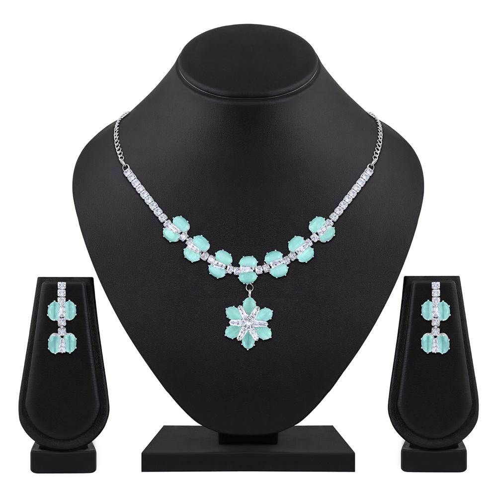 Mahi Rhodium Plated Light Green Cubic Zirconia (CZ) Floral Women's Necklace Set (NL1103820RLGre)