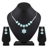 Mahi Rhodium Plated Light Green Cubic Zirconia (CZ) Floral Women's Necklace Set (NL1103820RLGre)