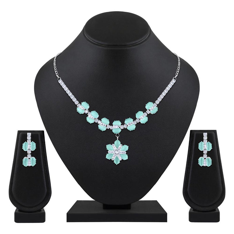 Mahi Rhodium Plated Light Green Cubic Zirconia (CZ) Floral Women's Necklace Set (NL1103820RLGre)