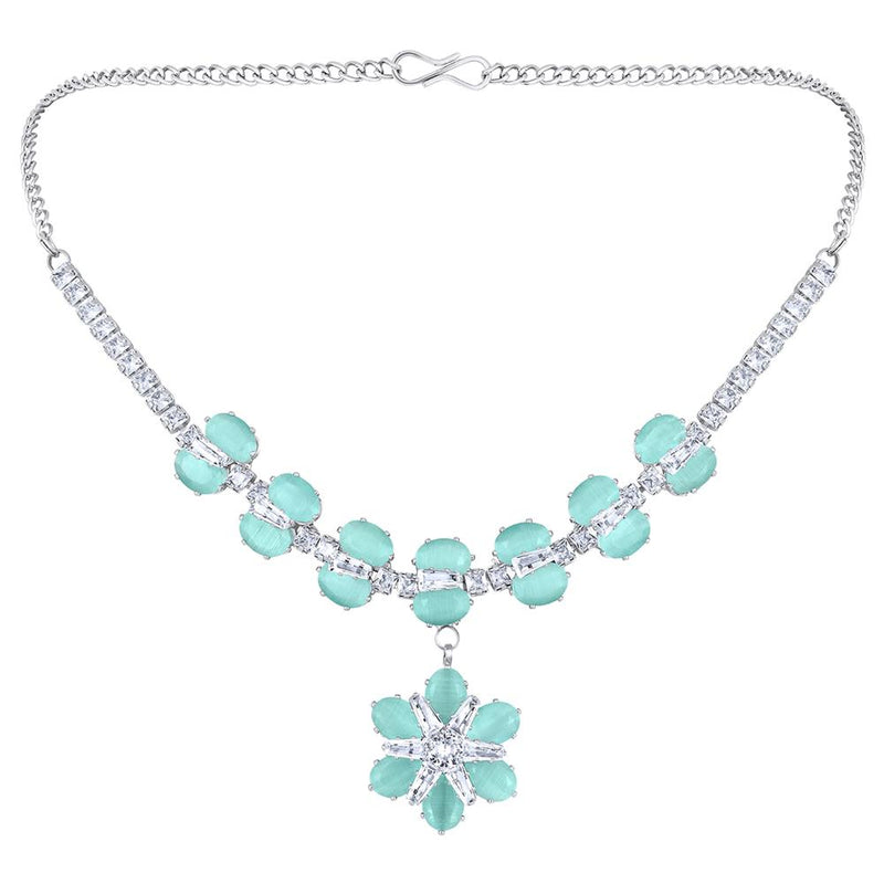 Mahi Rhodium Plated Light Green Cubic Zirconia (CZ) Floral Women's Necklace Set (NL1103820RLGre)