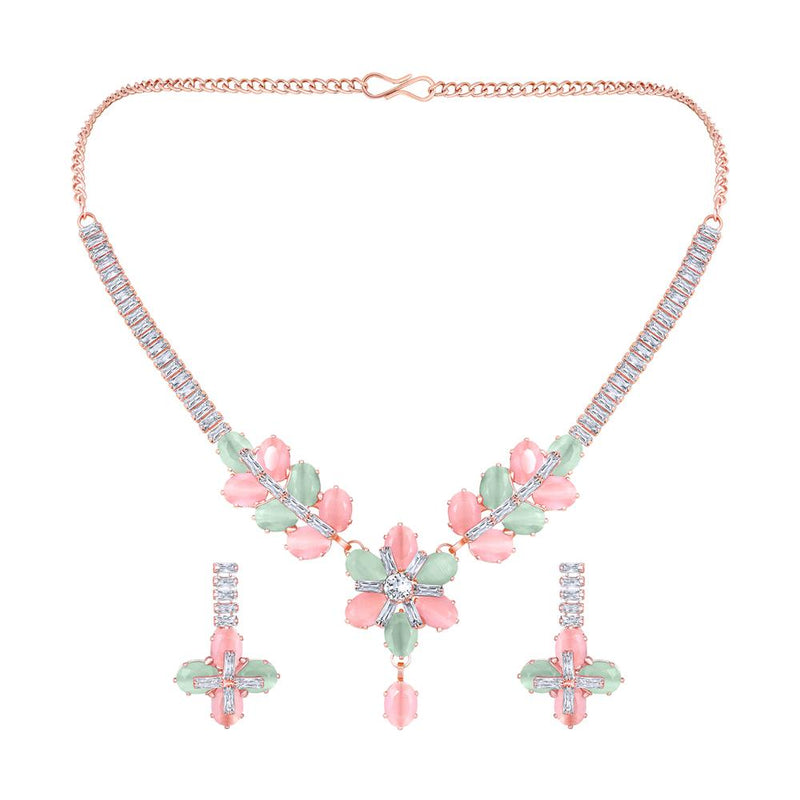 Mahi Rosegold Plated Multicolor Cubic Zirconia (CZ) Floral Women's Necklace Set (NL1103821ZMul)