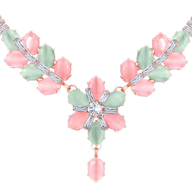 Mahi Rosegold Plated Multicolor Cubic Zirconia (CZ) Floral Women's Necklace Set (NL1103821ZMul)