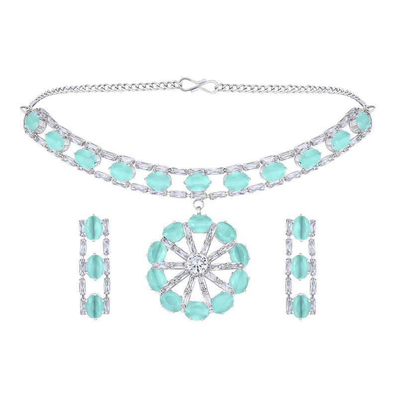 Mahi Rhodium Plated Light Green Cubic Zirconia (CZ) Floral Women's Necklace Set (NL1103822RLGre)