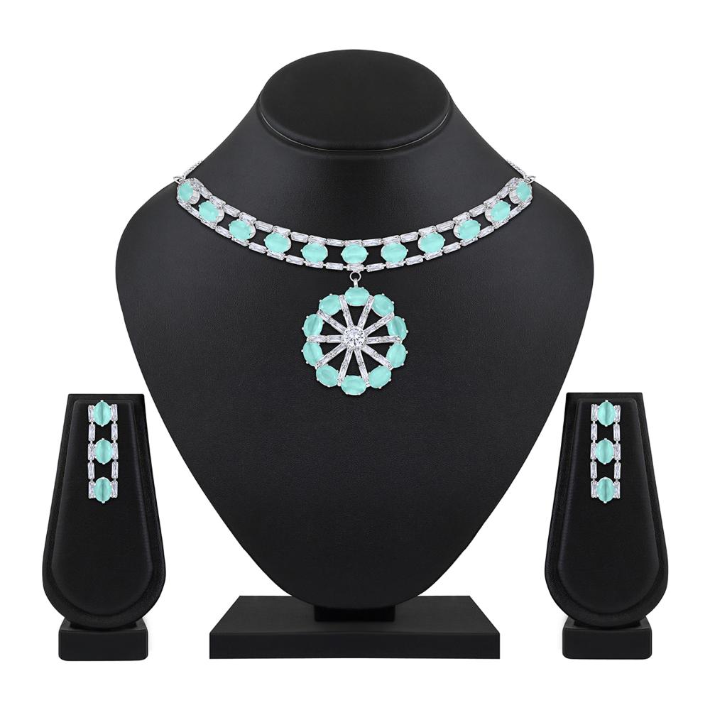 Mahi Rhodium Plated Light Green Cubic Zirconia (CZ) Floral Women's Necklace Set (NL1103822RLGre)
