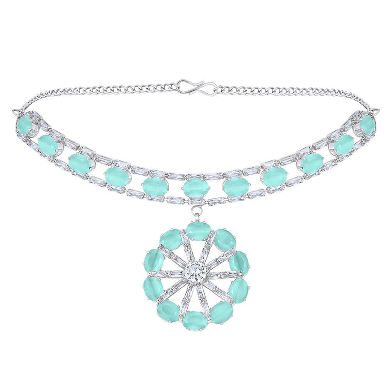 Mahi Rhodium Plated Light Green Cubic Zirconia (CZ) Floral Women's Necklace Set (NL1103822RLGre)