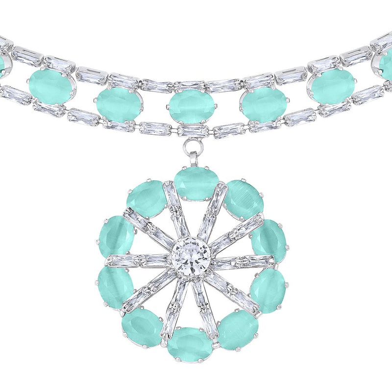 Mahi Rhodium Plated Light Green Cubic Zirconia (CZ) Floral Women's Necklace Set (NL1103822RLGre)